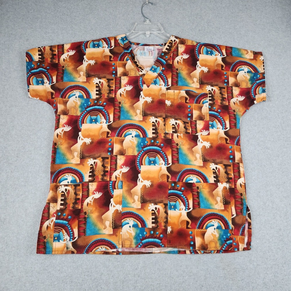 S.C.R.U.B.S. Top Womens L Multicolor Kokopelli Southwestern Flute Player V-Neck